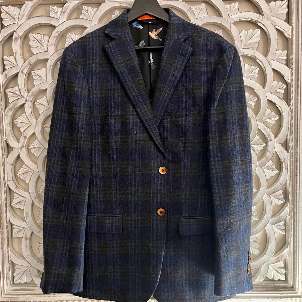 Blue Wool Plaid Tallia Blazer with Hummingbird Liner, Size 40R